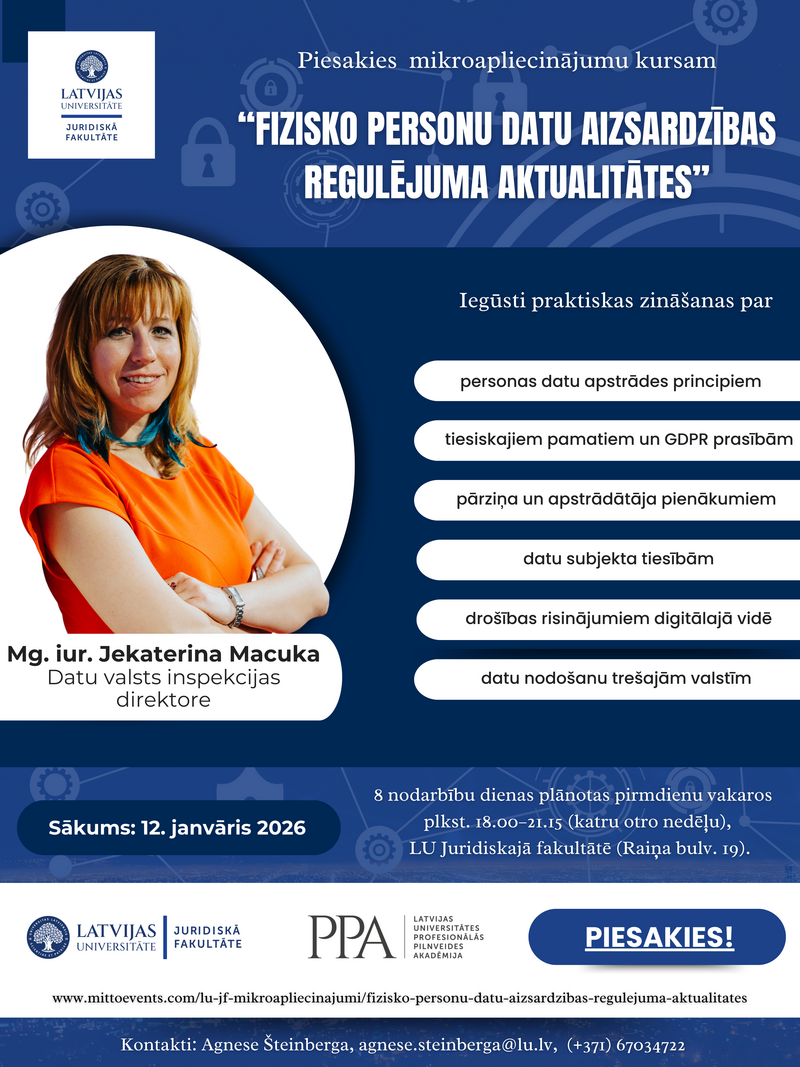 Piesakies mikroapliecinājumu kursam “Fizisko personu datu aizsardzības regulējuma aktualitātes”